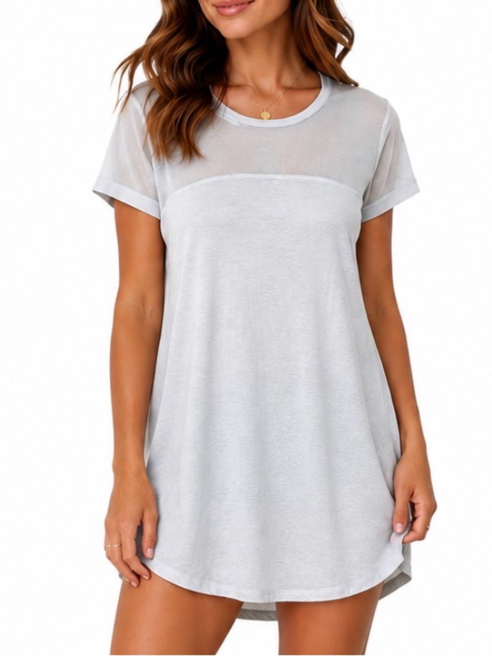 Leith Light Sage Mesh Yoke Short Sleeve sheer-yoke tunic top relaxed fit SZ XS